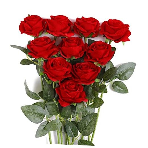 10Pcs Artificial Roses Flowers, Realistic Blossom Roses, Real Touch Silk Red