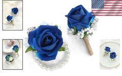 Classic Royal Blue Wrist Corsage with Elegant Boutonniere – Perfect for Weddings