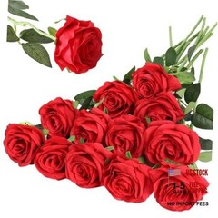 12PCS Artificial Silk Flowers Realistic Roses Bouquet Long 12Pcs Flowers Red