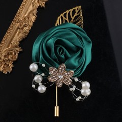 Handcrafted Gold Satin Rose Corsage, Crystal Flower & Pearl Accents, Emerald Gre