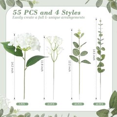 4 Kinds 55PCS Silk Hydrangea Artificial Flowers Eucalyptus White Hydrangea