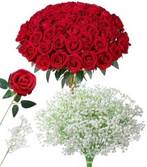 35 PCS Artificial Red Roses with 15 35 Pcs Red Roses With 15 Pcs Baby Breath