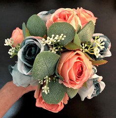 Dark Pink & Lite Blue Faux Budding Roses Bridal Wedding Bouquet Rhinestone Bling