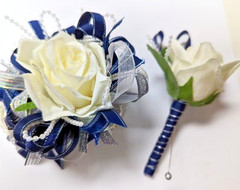 Navy Blue and Ivory SILK Flower Wrist Corsage & Boutonniere Set, Prom wedding