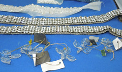Wedding craft supplies – beads, wired ribbon with beads, leaves, clear doves