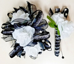 Black, Silver & White SILK Flower Wrist Corsage & Boutonniere Set, Prom, wedding