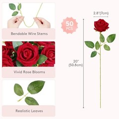 Pcs Artificial Roses Flowers in Bulk, Fake Long Stem Silk Roses for DIY 50 Red