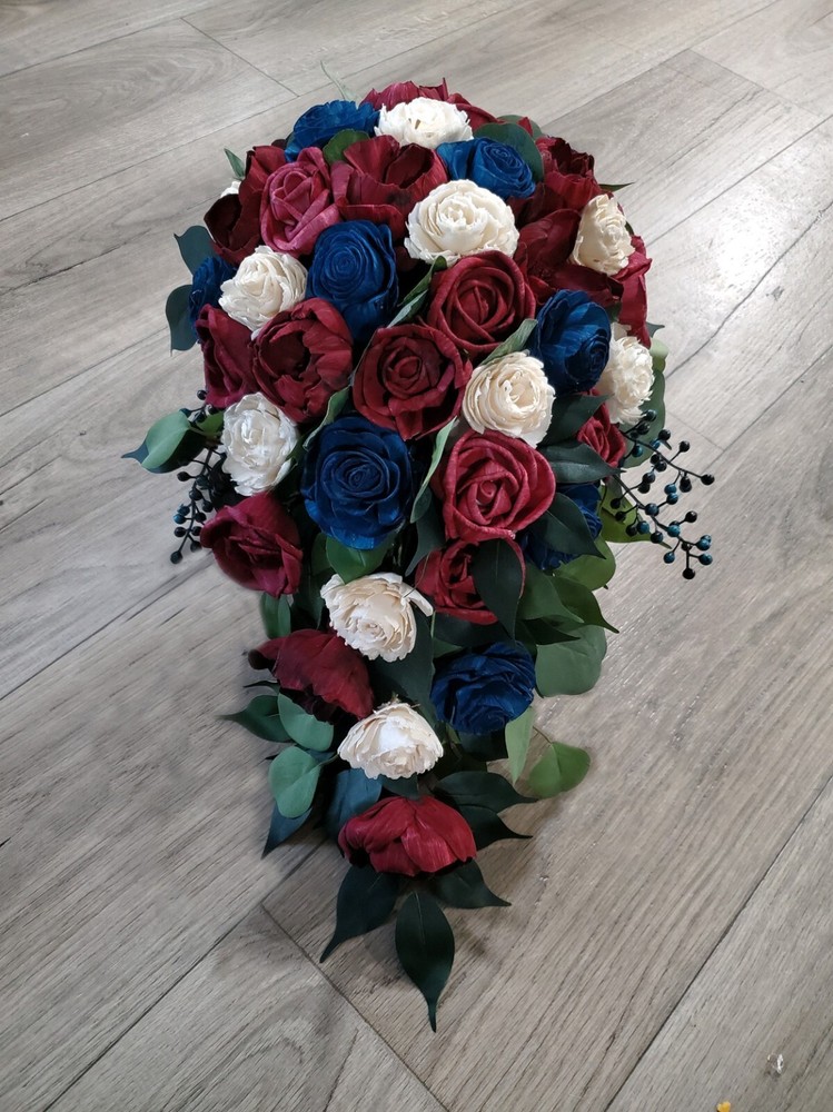 Burgundy Navy Blue White Cascade Bridal Bouquet Sola Wood Wedding Flowers