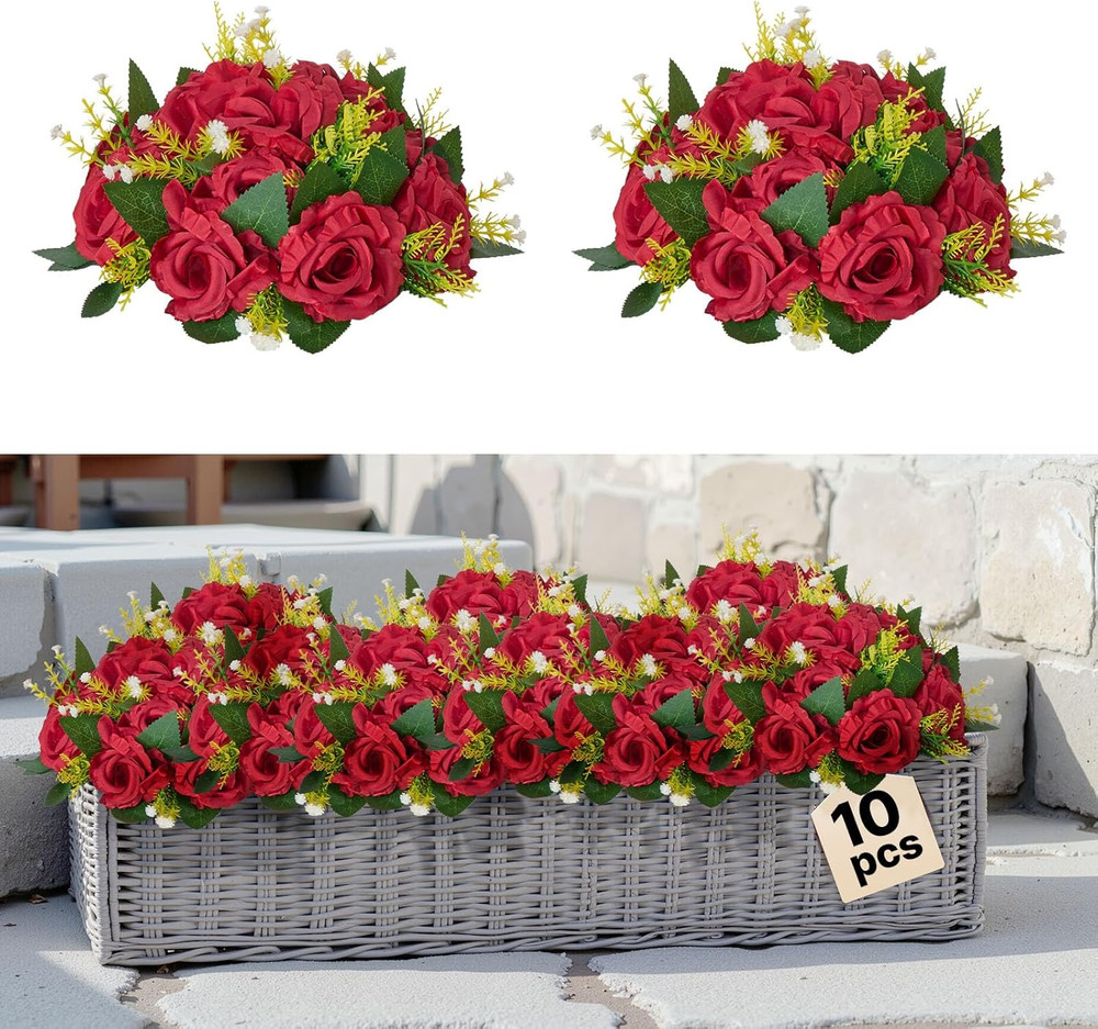 Flower Balls Arrangement Bouquet 10 PCS, 9.5-Inch Wedding Red Roses Centerpieces