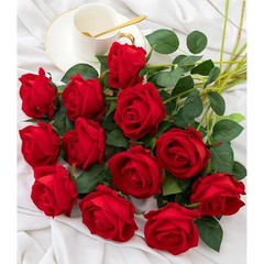 12PCS Artificial Flowers Fake Roses, Realistic Velvet Long Stem Roses Red