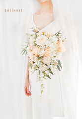 Cascading 11″ White Rose Bridal Bouquet for Rustic Boho Weddings & Events