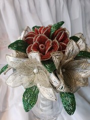 Beaded Flower Wedding Bridal Bouquet With Red White & Silver Handmade Flowers