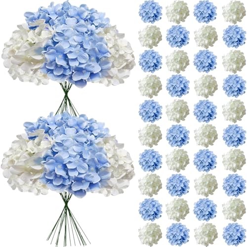 Faux Hydrangea Artificial Flowers Bulk, Fake Silk Hydrangea 50 Pcs White Blue