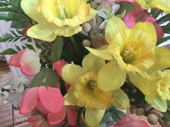 VINTAGE SILK FLOWER mixed flowers COTTAGE ARRANGEMENT CaleCA pitcher with DAMAGE