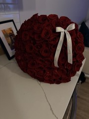 75 Count Red Rose Bouquet – Tightly Wrapped, Real Roses, White Ribbon
