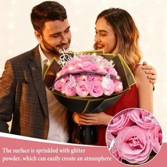 MEIVINES Glitter Roses Bouquet,Birthday Gifts for Women Mom,DIY Fake Pink