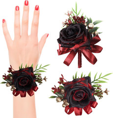 2 Pcs Wine Red Rose Wrist Corsage and Boutonniere Set, Rose Corsage Hand for Wom