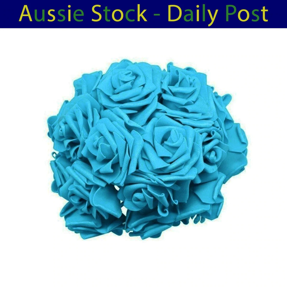 Cyan / Blue 7cm Foam Flowers Rose Stems Artificial Wedding Bride Bouquet 20pcs
