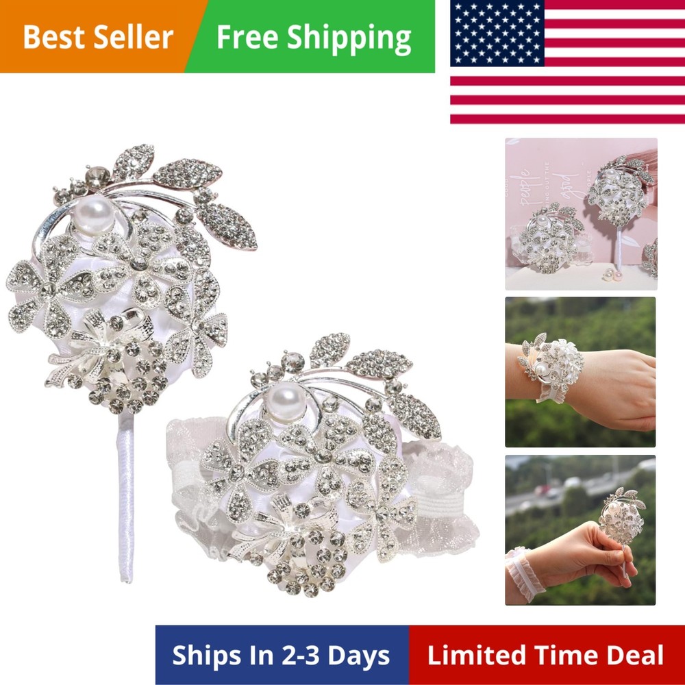 Wrist Corsage with Peal and Rhinestone Corsage and Boutonniere Set for Weddin…