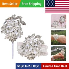 Wrist Corsage with Peal and Rhinestone Corsage and Boutonniere Set for Weddin…