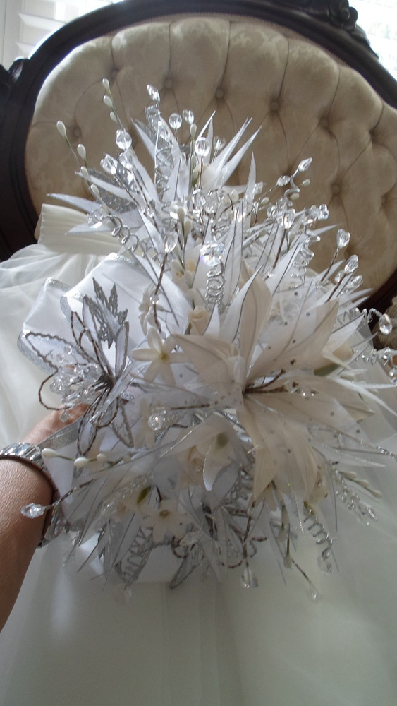 Luxury Wedding Cascade, White & Silver,Glass Crystals,Porcelain Roses,Satin-Beau