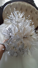 Luxury Wedding Cascade, White & Silver,Glass Crystals,Porcelain Roses,Satin-Beau
