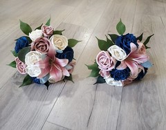 Pink Stargazer Lily Bridal Bouquet Navy Blue Sola Wood Cascade Bridesmaid Flower