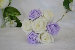 Wedding bouquet posy flowers in LILAC. Flower girl wand, grooms buttonhole