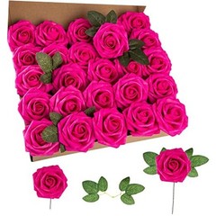 Artificial Flower Foam Rose 25pcs Real Looking Fake Rose with 25PCS Hot Pink