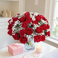 35 PCS Artificial Red Roses with 15 35 Pcs Red Roses With 15 Pcs Baby Breath