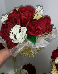 LOT OF 8 SILK Red Rose Wedding Bouquets with Gold Wired Ribbon & Gold & Shiny