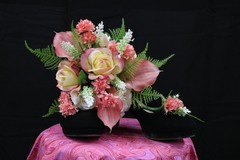 Pink calla lily & rose, creme rose floral bouquet with matching boutonniere