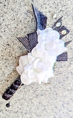 Black, Silver & White SILK Flower Wrist Corsage & Boutonniere Set, Prom, wedding