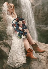 Teal Burnt Orange Bridal Cascade Bouquet Calla Lily Sola Wood Wedding Flowers