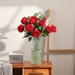 12PCS Artificial Silk Flowers Realistic Roses Bouquet 6 Flowers 6 Buds Red