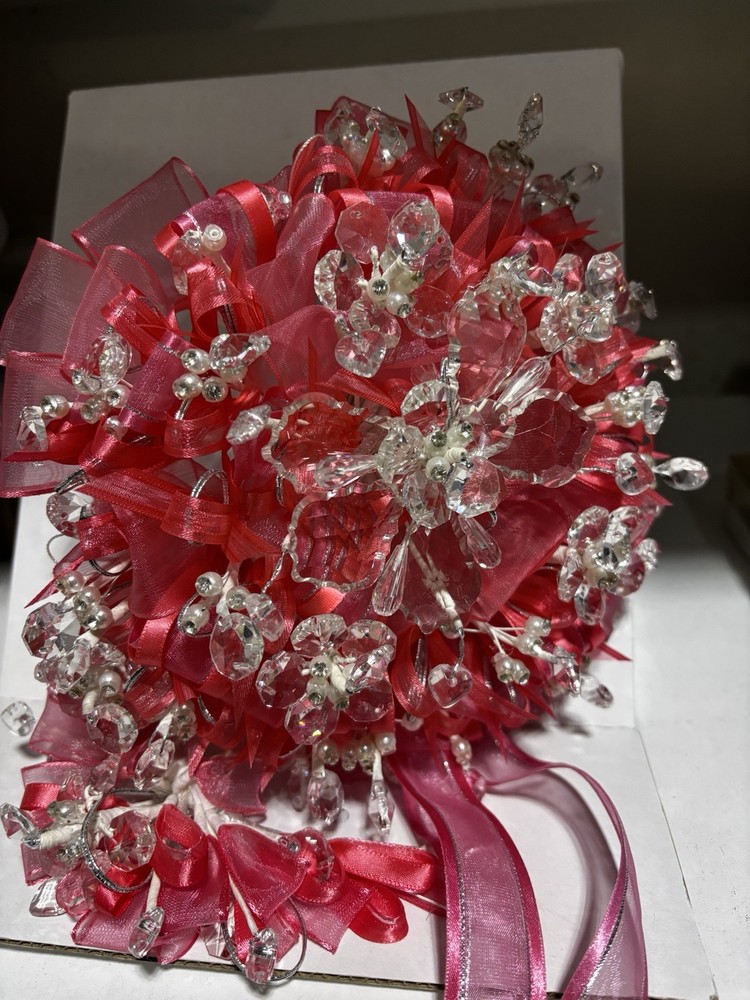 Quinceanera Wedding CORAL Silver Bouquet Crystals Tulle Ribbon Round NEW