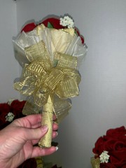 LOT OF 8 SILK Red Rose Wedding Bouquets with Gold Wired Ribbon & Gold & Shiny