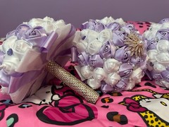 satin ribbon rose bridesmaid bouquets lavender and white