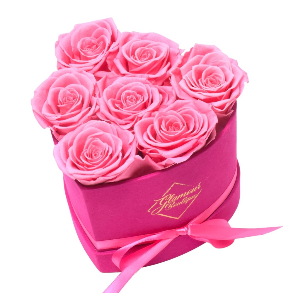 GLAMOUR BOUTIQUE 7 Flower Forever Heart Shape 7 Roses, Velvet Pink 7 Roses