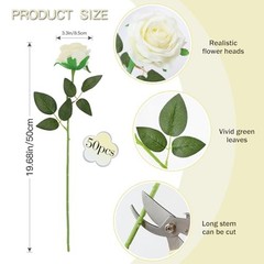 50PCS Artificial Silk Roses Flowers – Realistic Fake Roses in Bulk & White