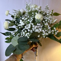White Artificial Bridal Bouquet Roses Baby’s Breath Eucalyptus Wedding Florals