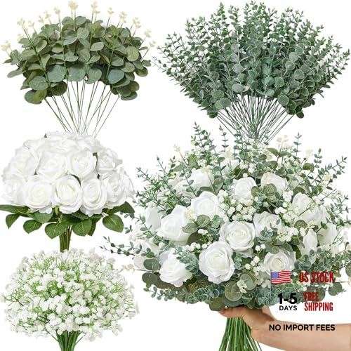 120 Mixed Eucalyptus Greenery Stems, White Silk Roses, Baby Breath