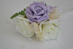 Wedding bouquet posy flowers in LILAC. Flower girl wand, grooms buttonhole