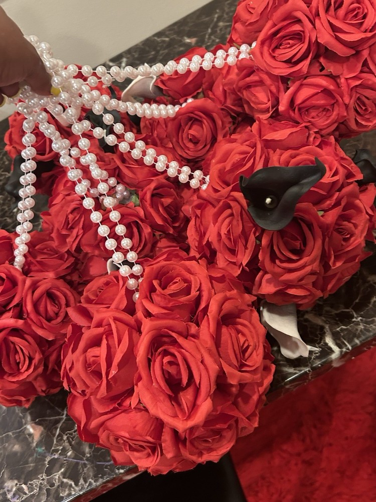 Handmade. Set Of 7 Red Flower/Lillies Balls with Pearl Handle Bridesmaid Bouquet