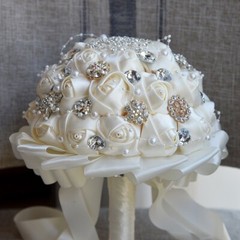 Handmade Luxury Rose Silk Pearls Rhinestone Brooch Wedding Bridal Bouquet Ivory