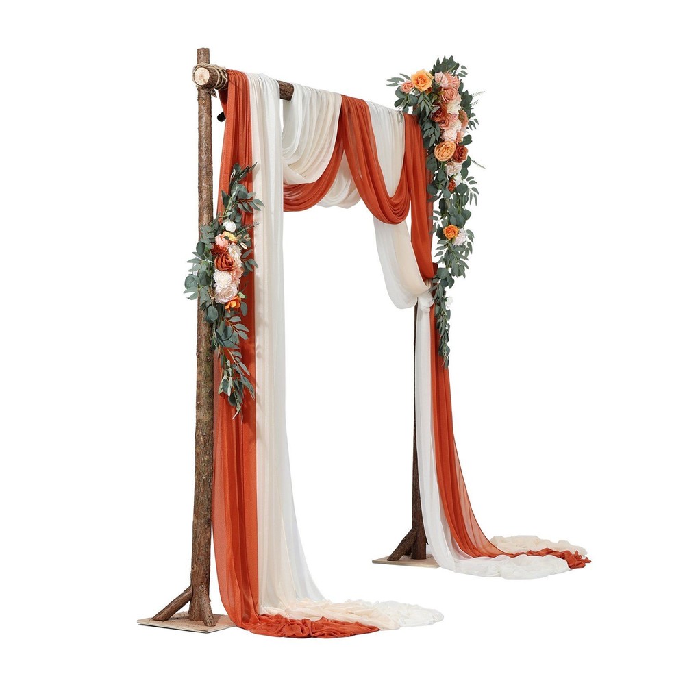 Orange Floral Arch Kit: 2pcs Silk Flowers + 3pcs 33ft Sheer Drapes