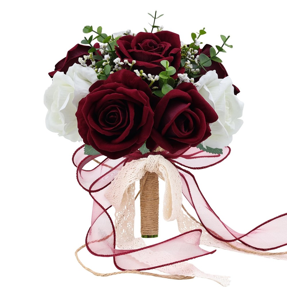 Vkkperp 9in Wedding Bouquets for Bride Bridesmaid, 9 inches, Burgundy & White