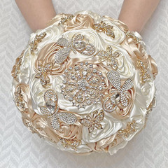 Luxury Handmade Floral Satin Rose Bridal Bouquet with Rhinestones