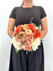 Coral & Peach Rose Bridal Bouquet, Silk Wedding Flowers, Burnt Orange, Wedding