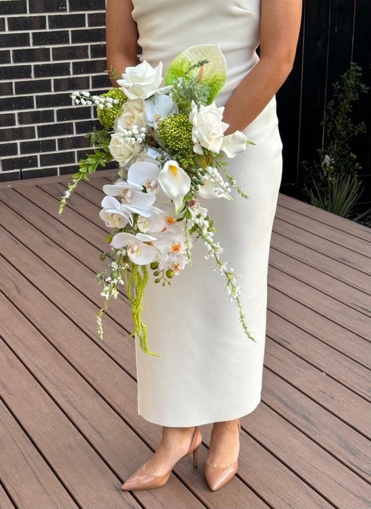 Pure White & Green Wedding waterfall Bouquet – artificial real touch orchid rose
